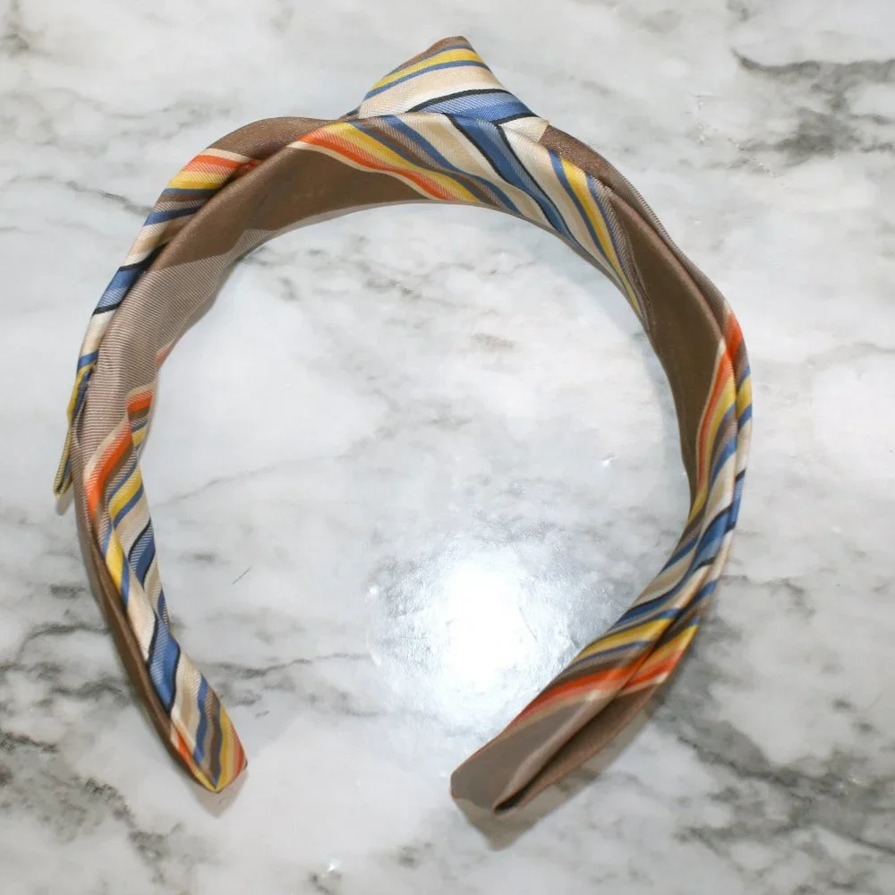 HAND CRAFTED Brown Orange Knotted Headband Repurposed Stripe Necktie Hair Band
